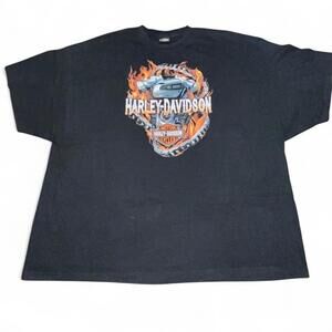 Harley Davidson black tee with flames and motorcycle logo #bikerstyle